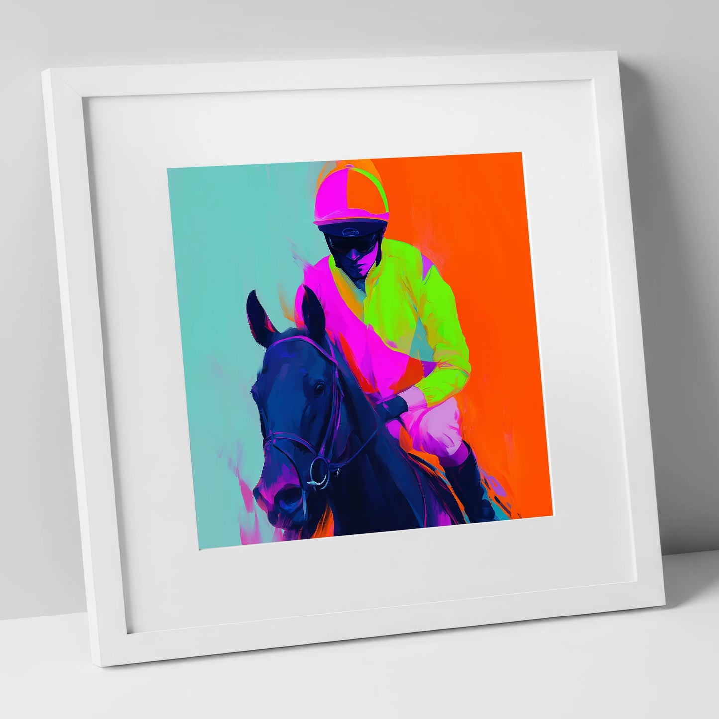 Electric Pace racing horse art print in white frame
