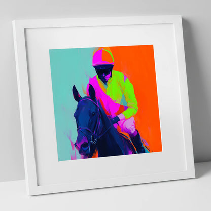 Electric Pace racing horse art print in white frame
