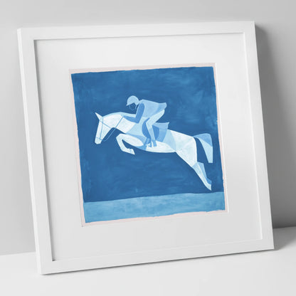 Sapphire Leap show jumping horse art print in white frame