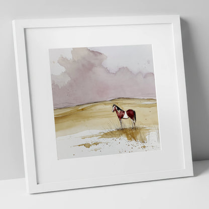 Ochre Horizons horse landscape art print in white frame