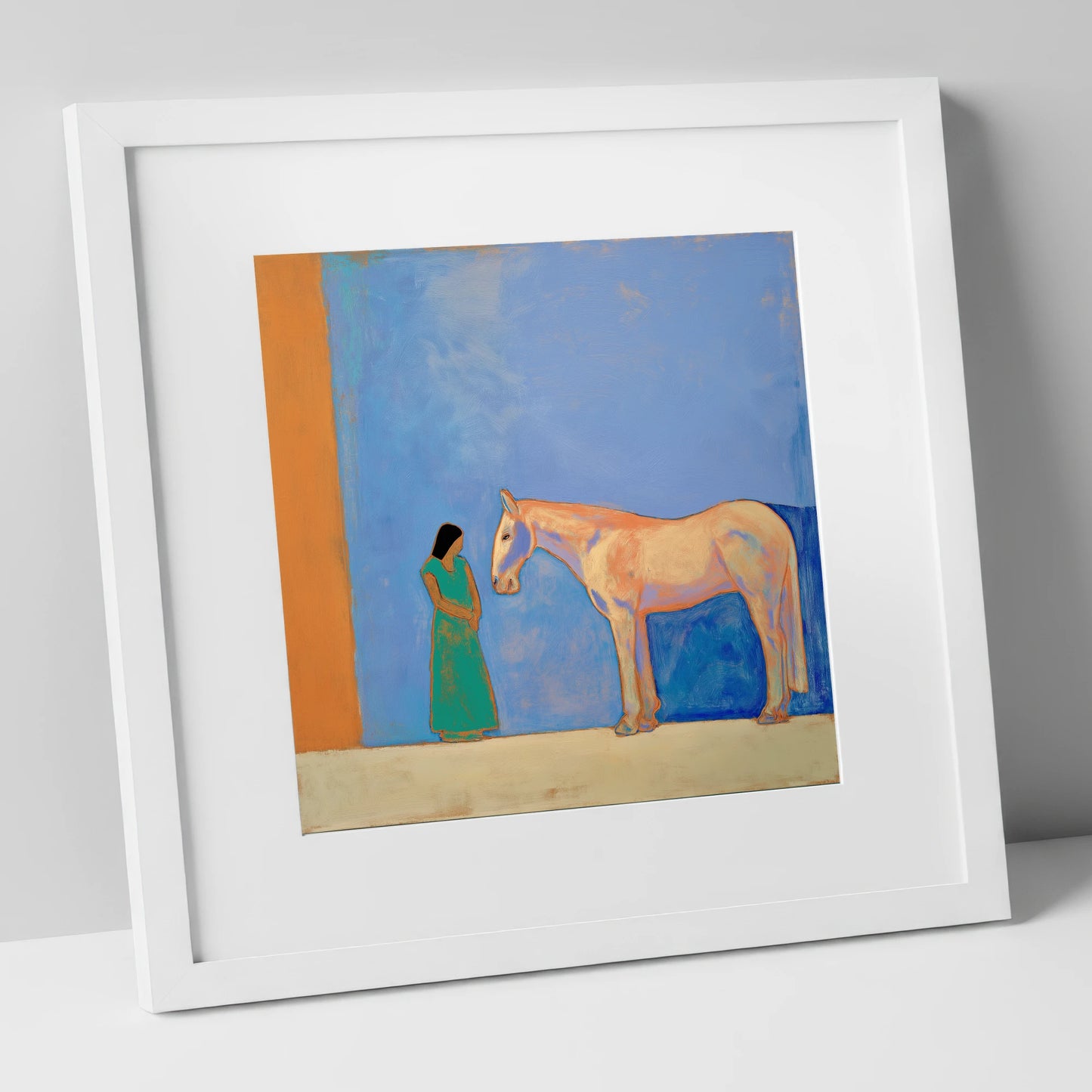 Silent Understanding horse & rider art print in white frame