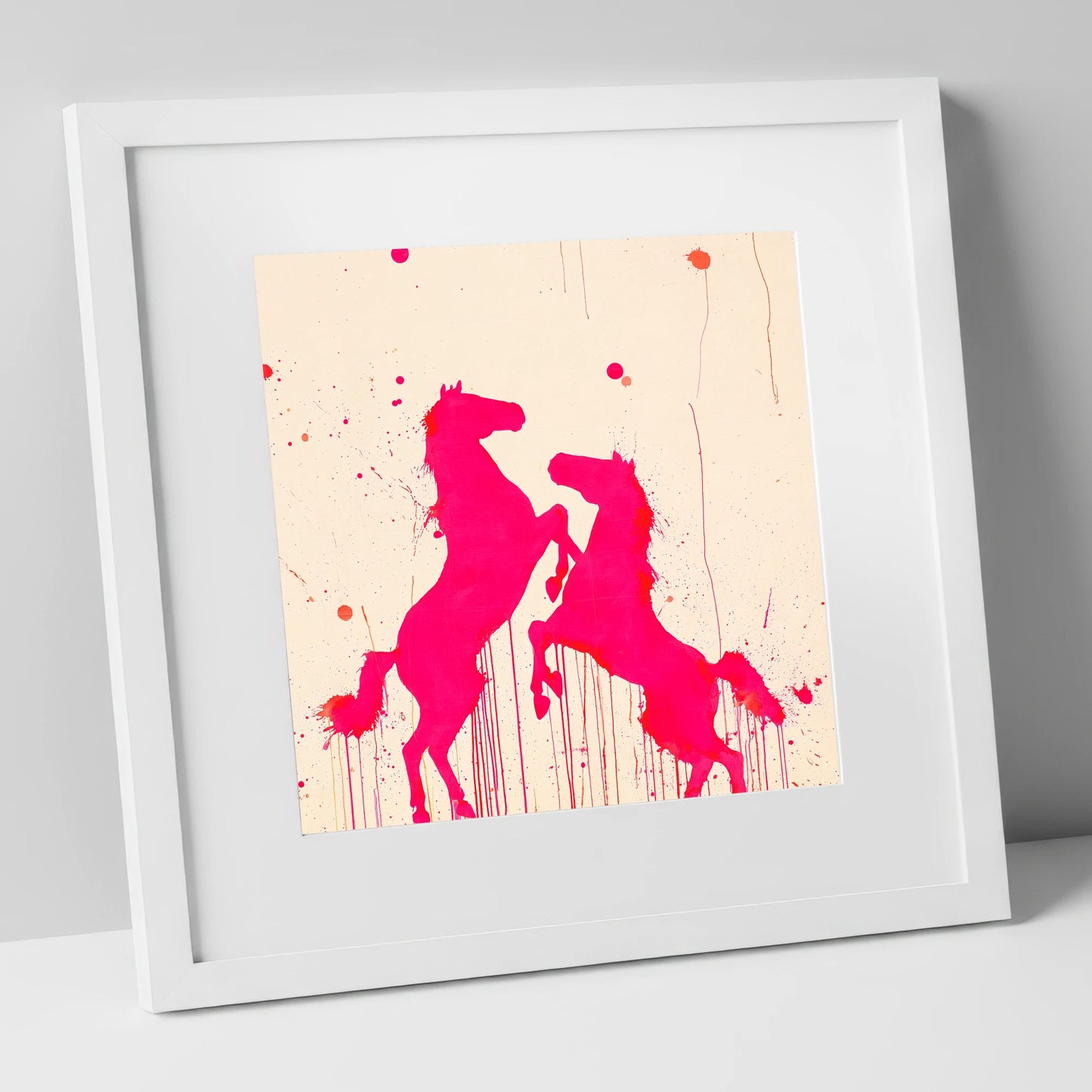 Magenta Equine Dance wild horses art print in white frame