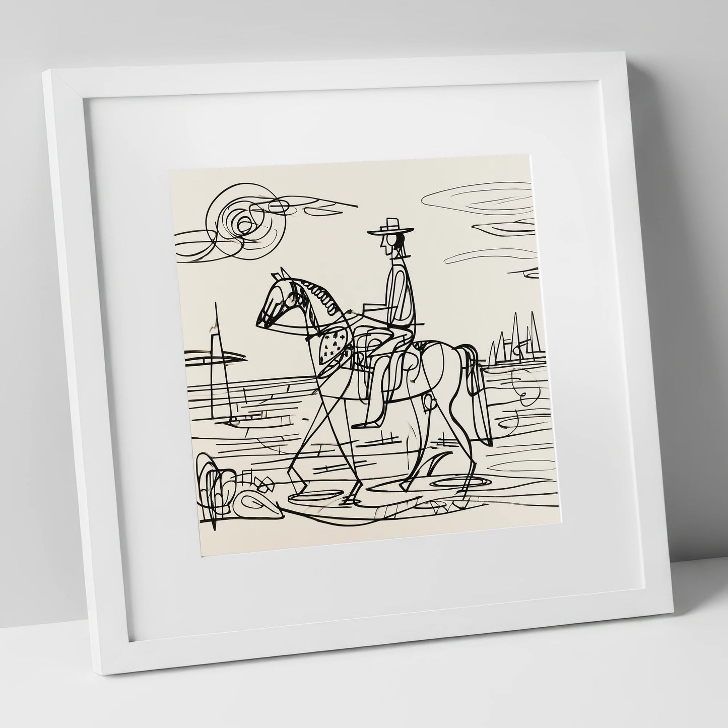 Abstract Coastal Ride beach horse art print in white frame