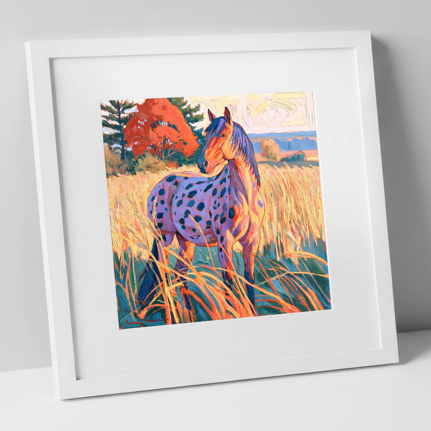 Spotted Appaloosa in Autumn Grass horse breed art print in white frame
