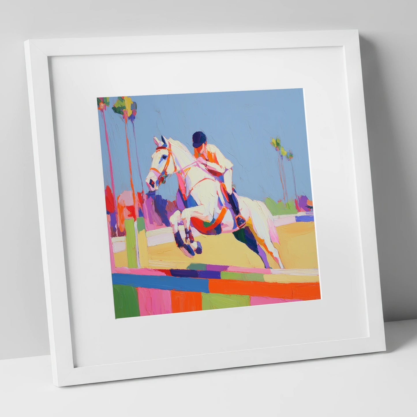 Technicolour Takeoff show jumping horse art print in white frame