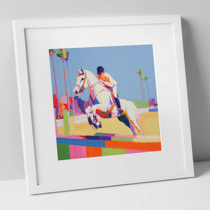 Technicolour Takeoff show jumping horse art print in white frame