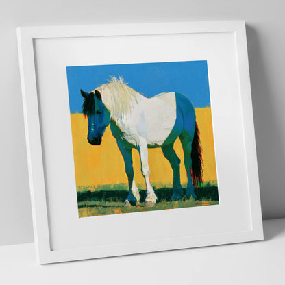 Bold Blue and White Cob horse breed art print in white frame