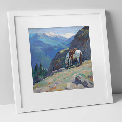 Alpine Trail Halt horse landscape art print in white frame