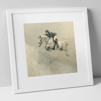 Suspended in Flight show jumping horse art print in white frame