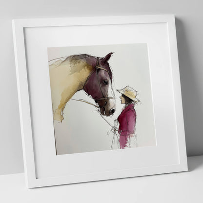 The Silent Dialogue horse & rider art print in white frame