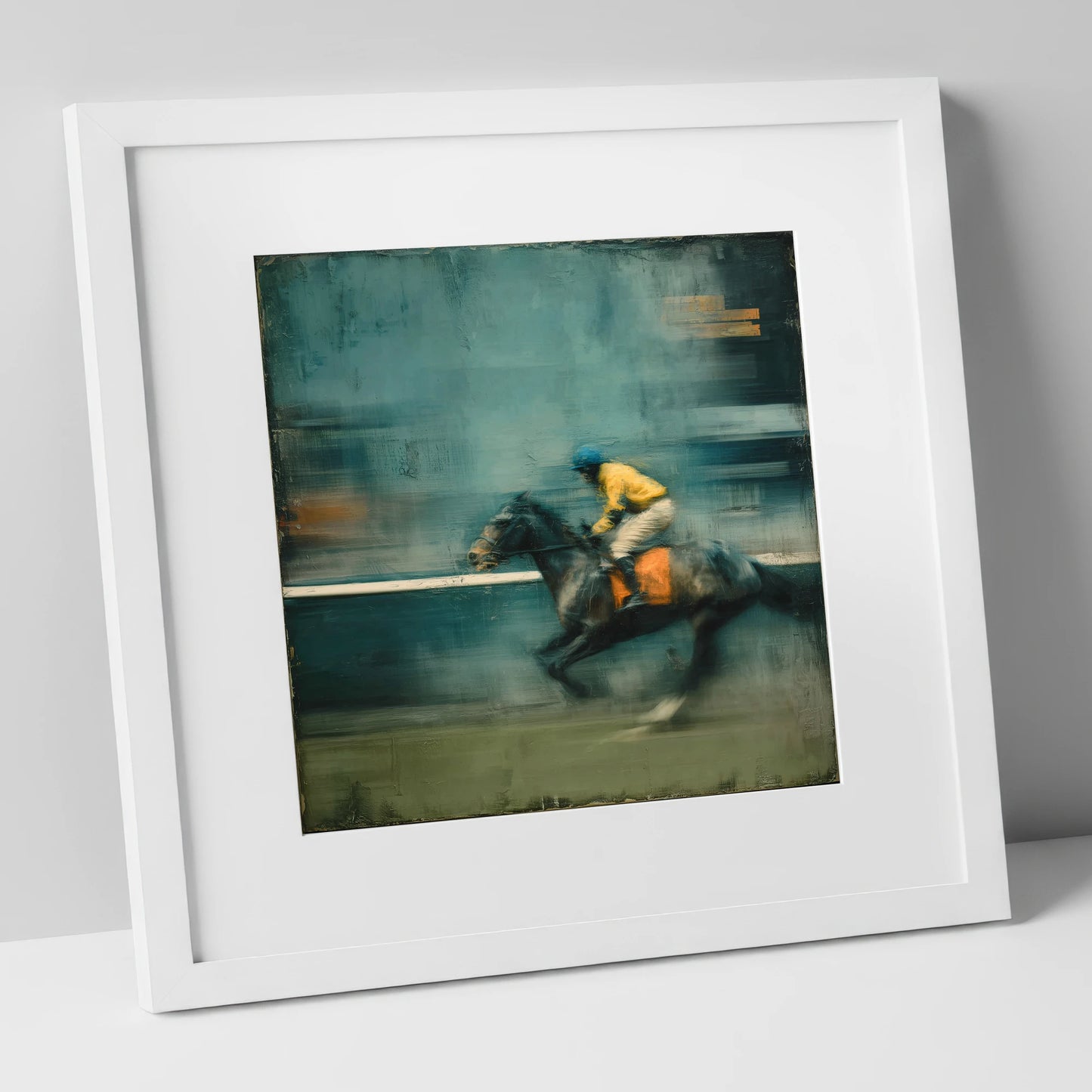 The Blue Furlong racing horse art print in white frame