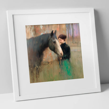 The Silent Bond horse & rider art print in white frame