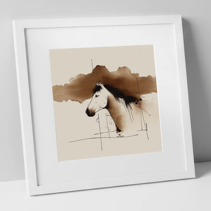 Abstract Sepia Equine Profile horse portrait art print in white frame