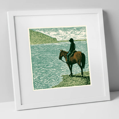 Watching the Tide beach horse art print in white frame