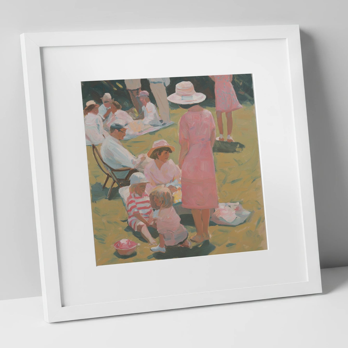 Summer Race Enclosure racing horse art print in white frame