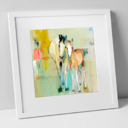 Gentle Nurture mare & foal art print in white frame