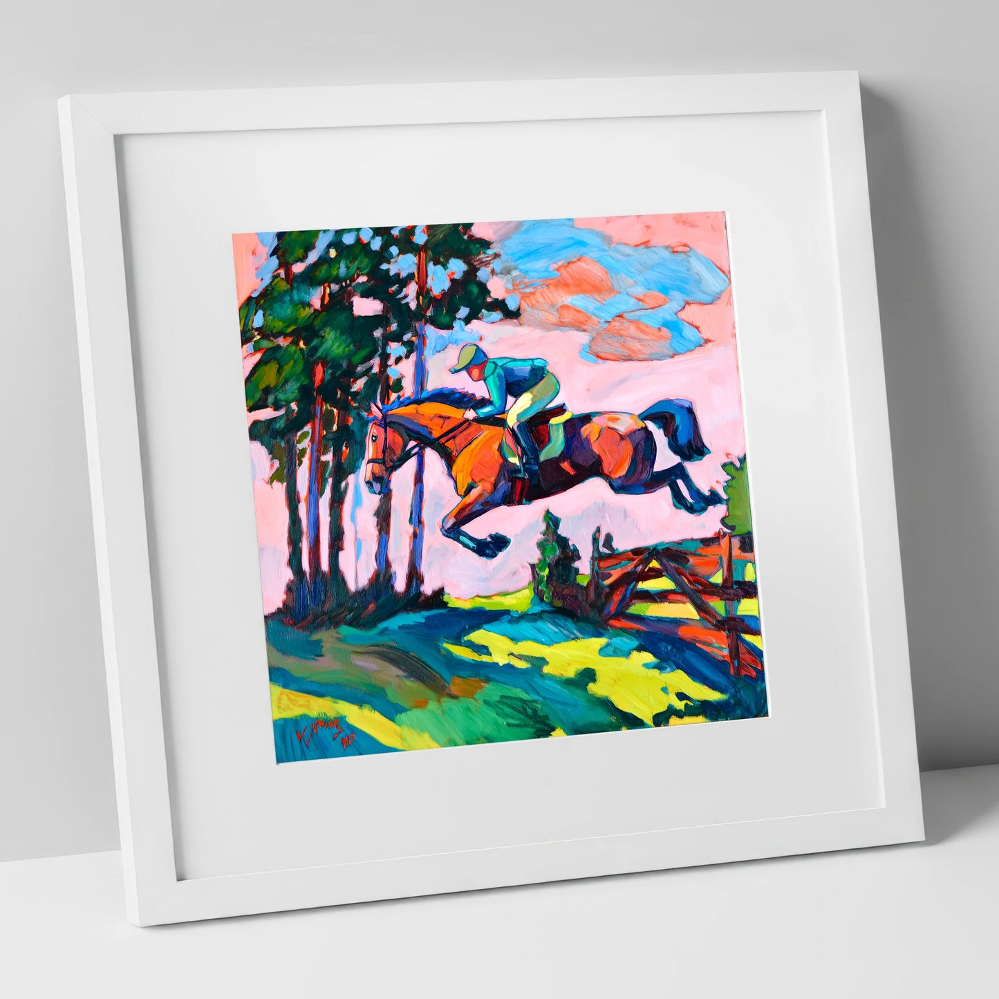 Vibrant Cross Country Leap show jumping horse art print in white frame