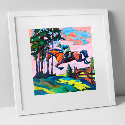 Vibrant Cross Country Leap show jumping horse art print in white frame