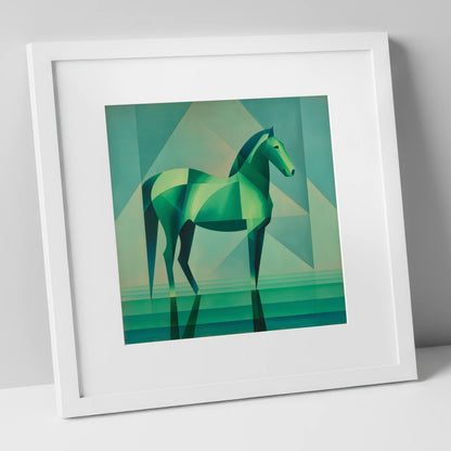 Emerald Geometric Equine horse portrait art print in white frame