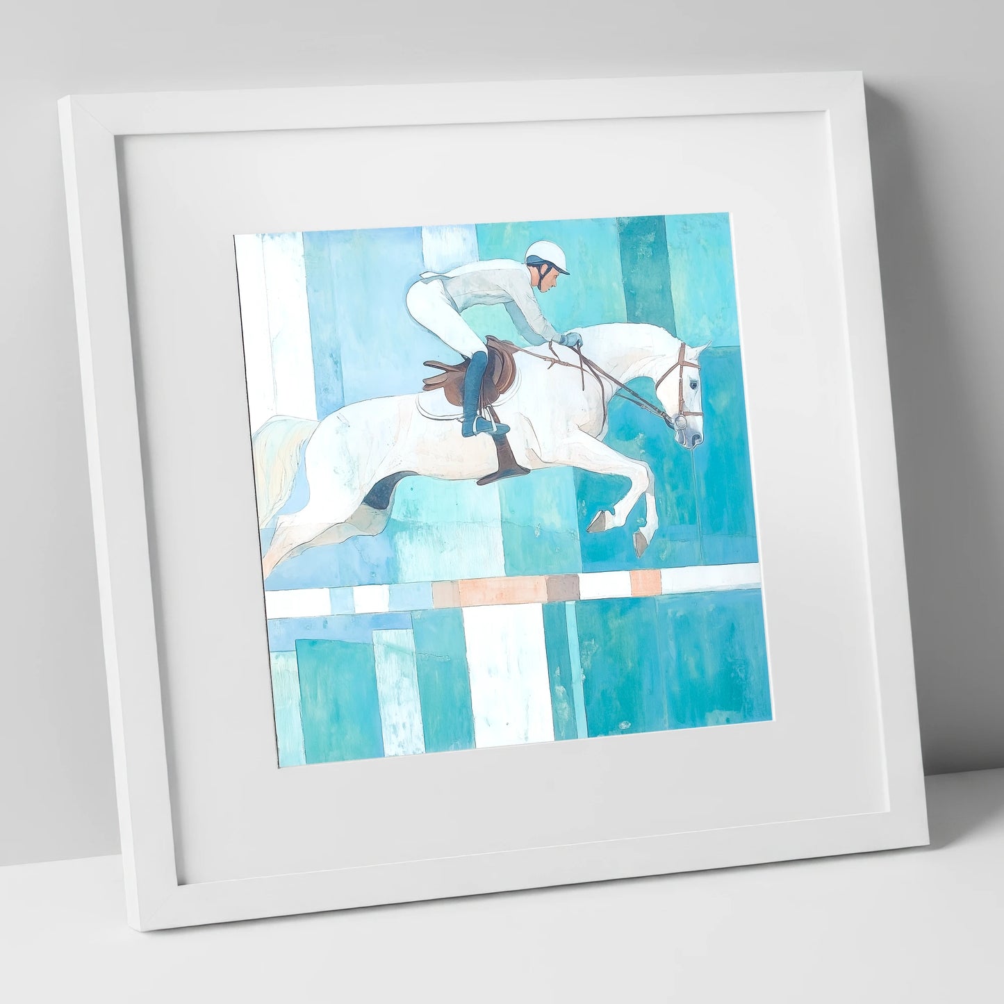 Aquamarine Ascent show jumping horse art print in white frame