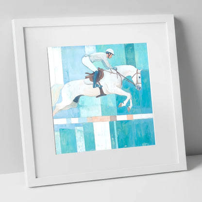 Aquamarine Ascent show jumping horse art print in white frame