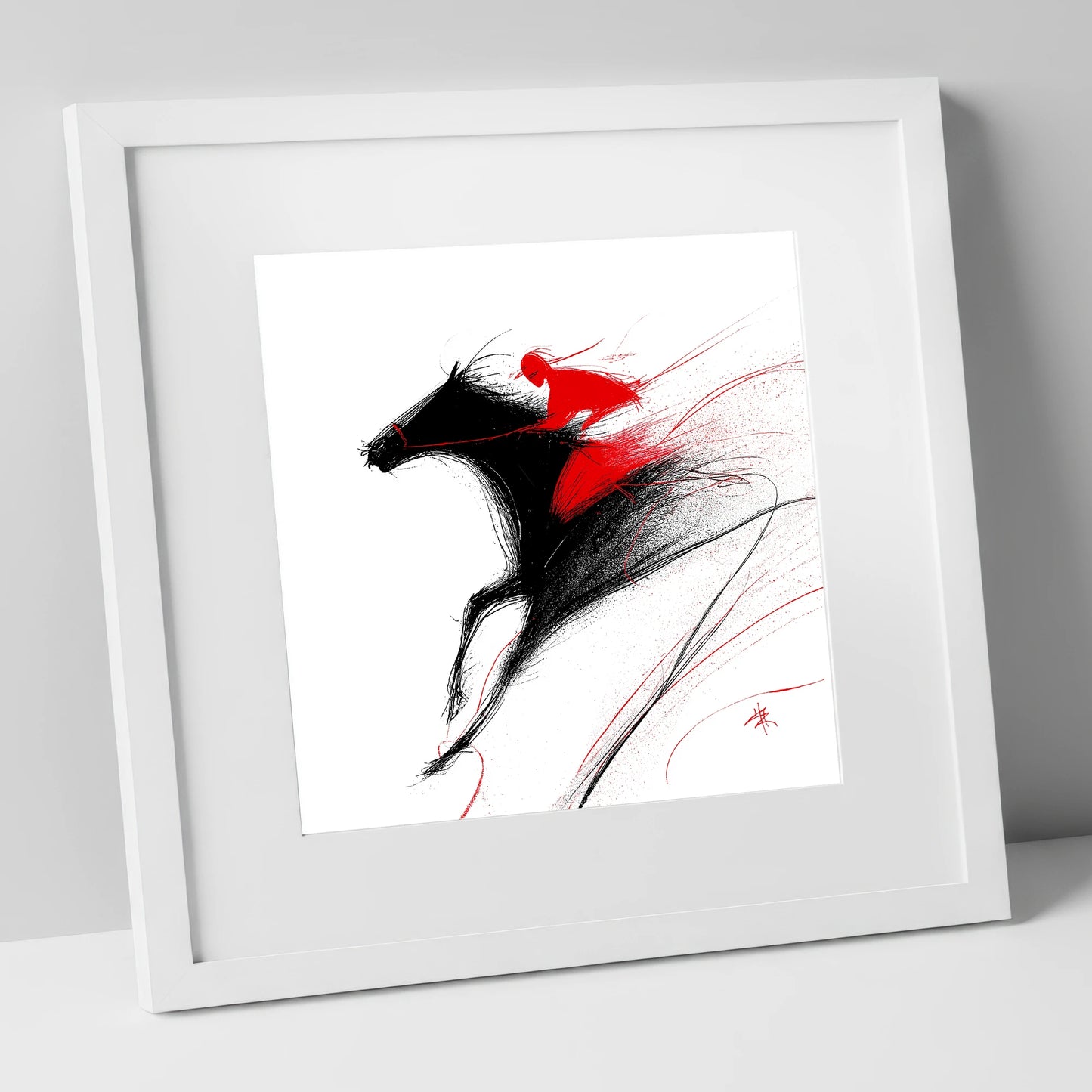 Adrenaline in Red racing horse art print in white frame