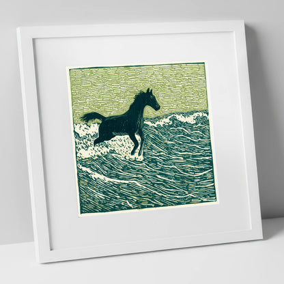 Wild Coastal Canter beach horse art print in white frame