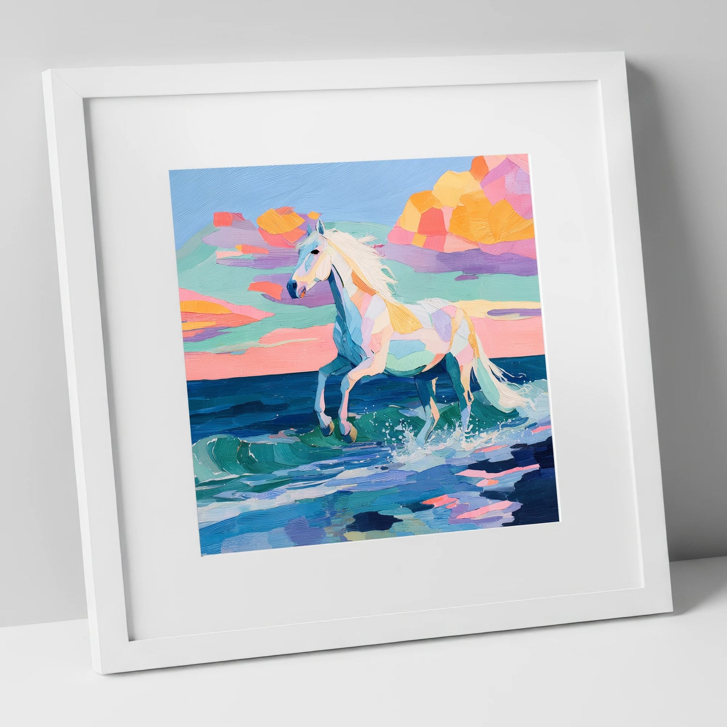 Vibrant Coastal Canter beach horse art print in white frame