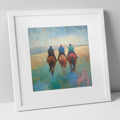 The Morning String racing horse art print in white frame