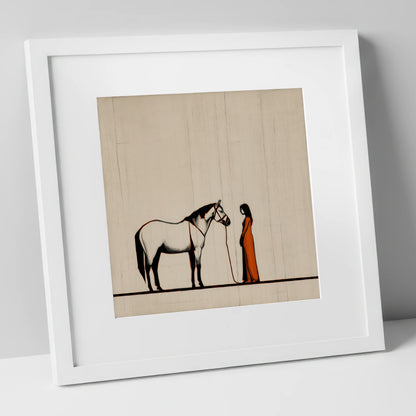 The Shared Silence horse & rider art print in white frame