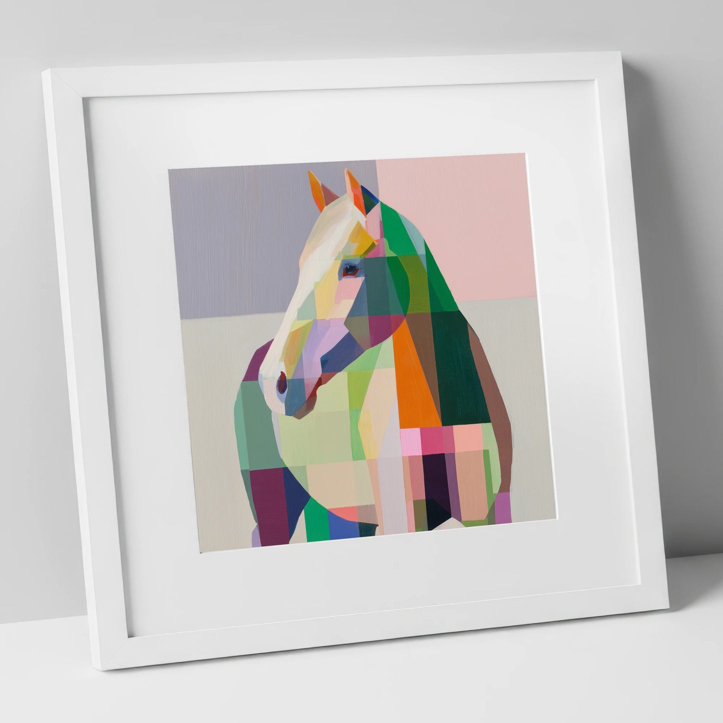 Prismatic Equine Profile horse portrait art print in white frame