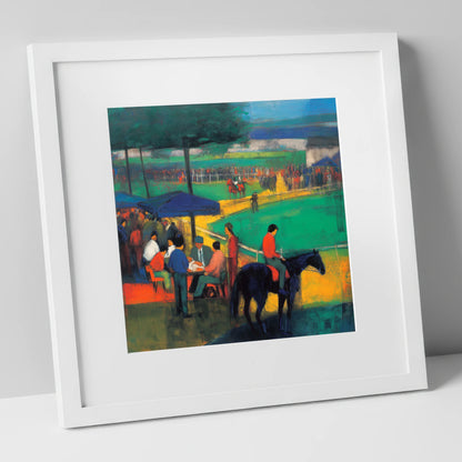 Anticipation at the Track racing horse art print in white frame