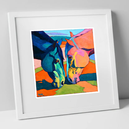 Vibrant Companions horse portrait art print in white frame