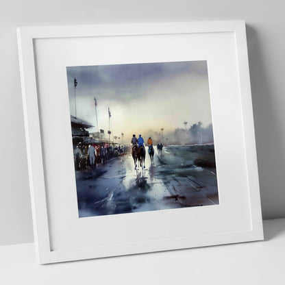 Dawn at the Track racing horse art print in white frame