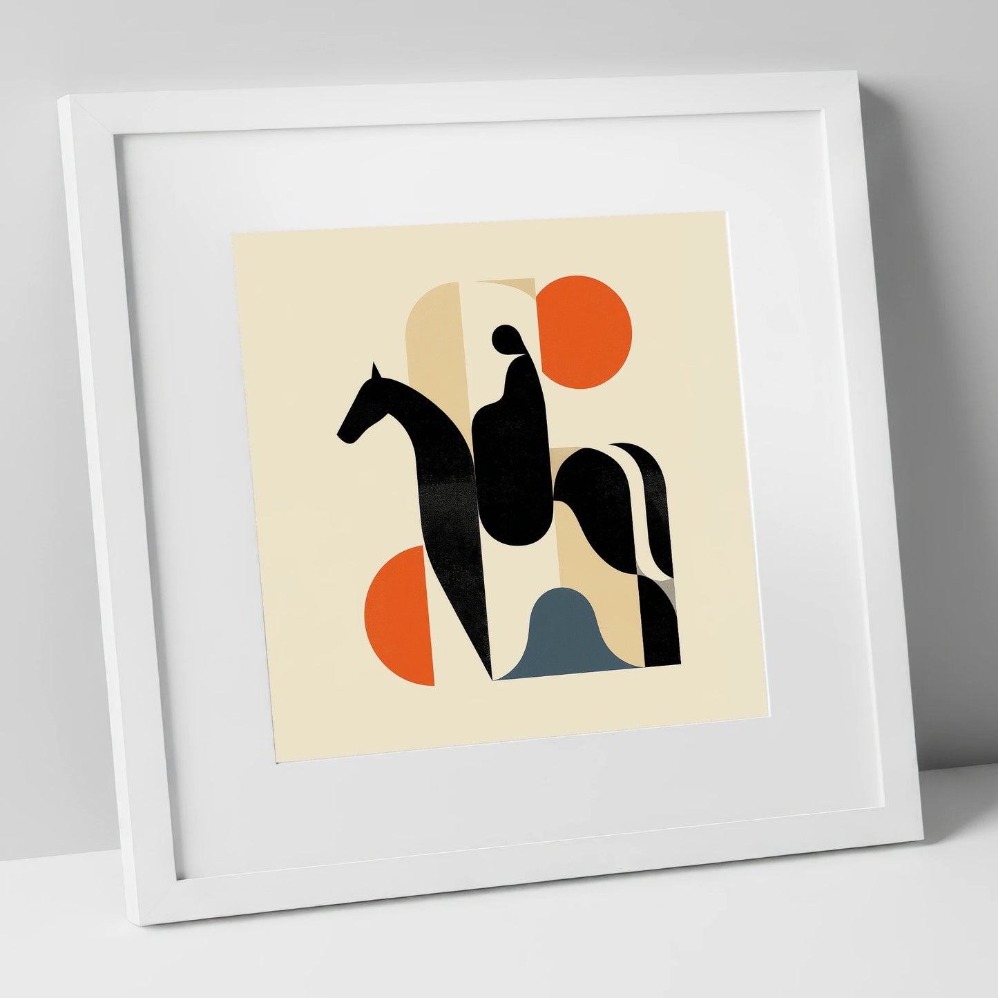 Mid-Century Silhouette horse & rider art print in white frame