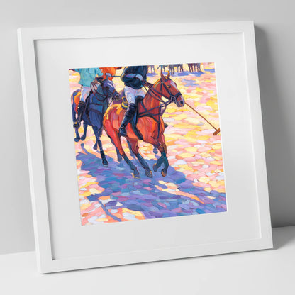 Sunset Chukka Shadows polo horse art print in white frame