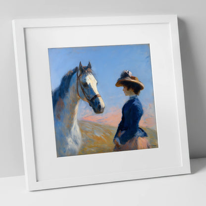 The Golden Gaze horse & rider art print in white frame