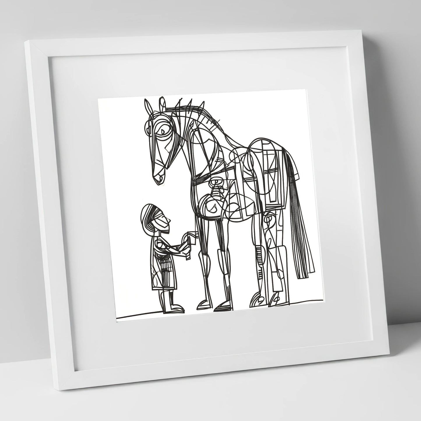 Linear Harmony horse & rider art print in white frame