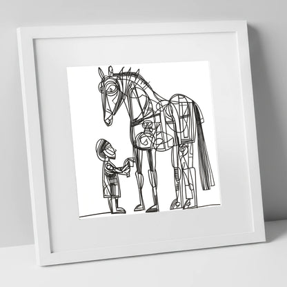 Linear Harmony horse & rider art print in white frame