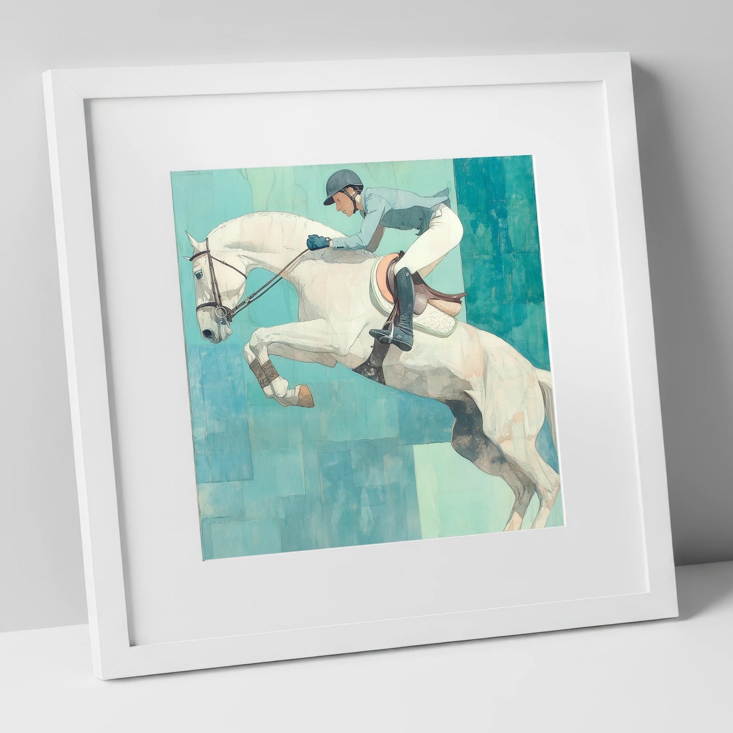Airborne in Aquamarine show jumping horse art print in white frame