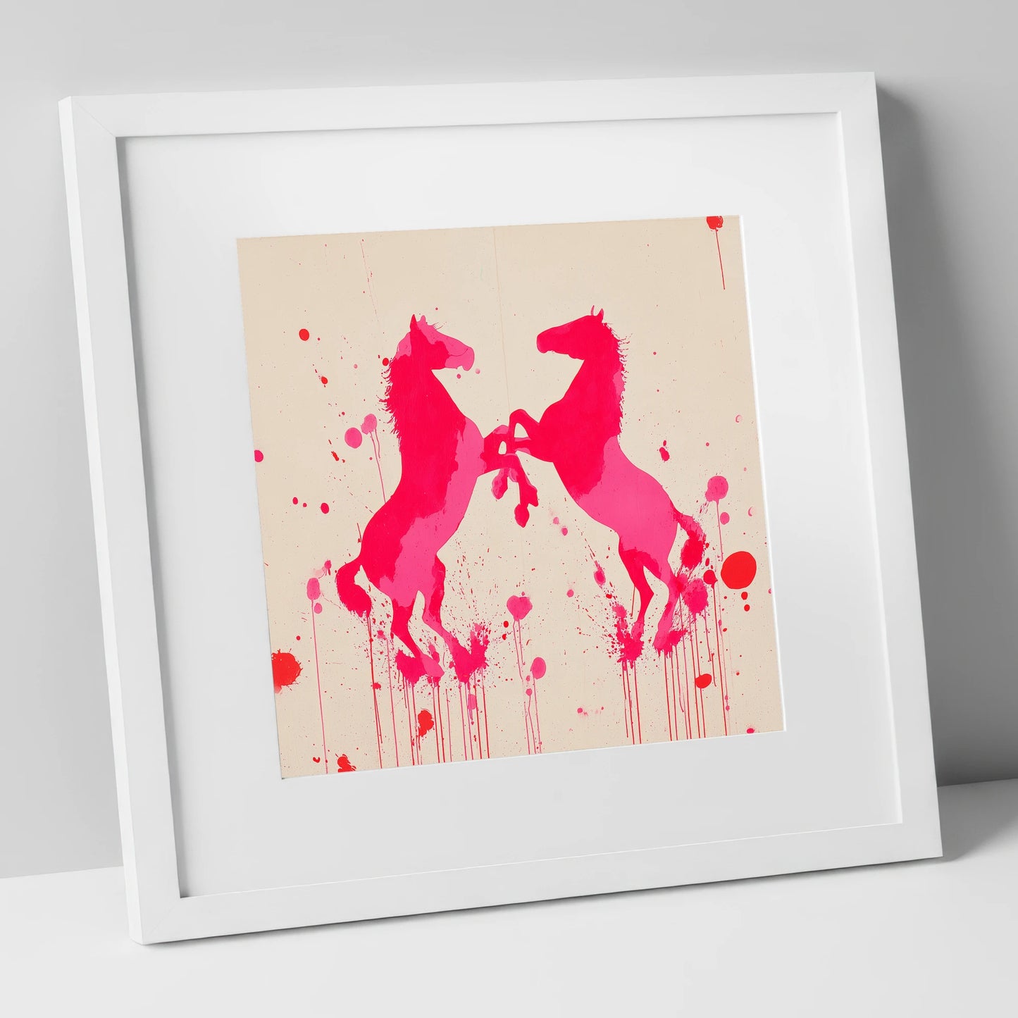 Rearing in Magenta wild horses art print in white frame
