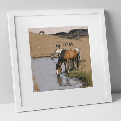 Quiet at the Waterhole wild horses art print in white frame