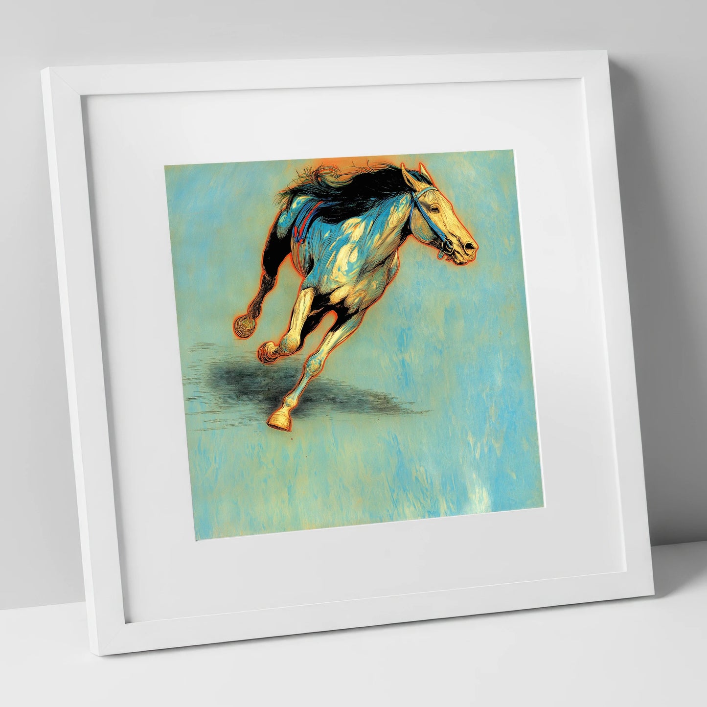 Cerulean Sprint racing horse art print in white frame