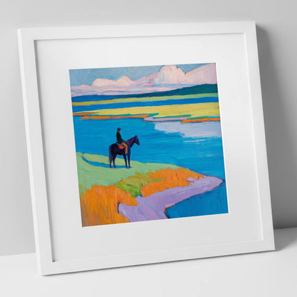 Vivid Coastal Solitude beach horse art print in white frame