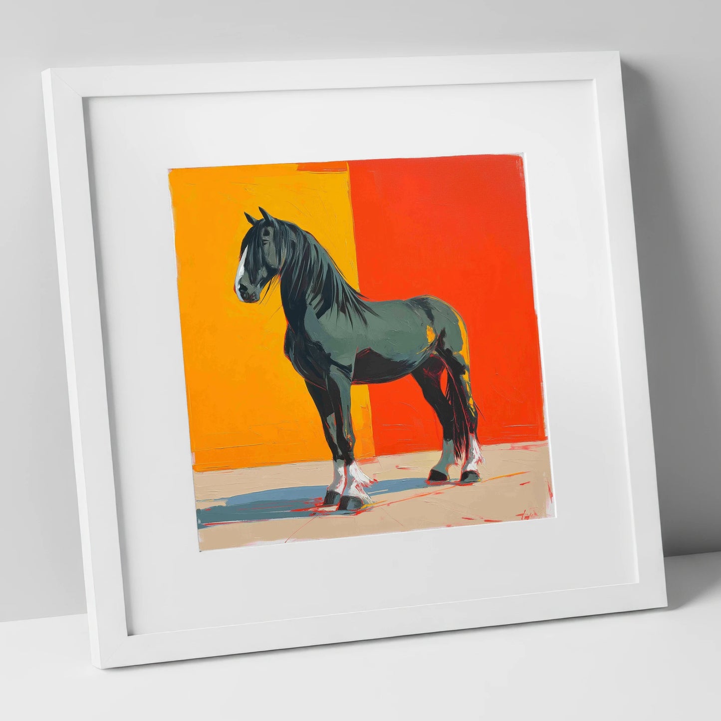 Vibrant Shire Portrait horse breed art print in white frame