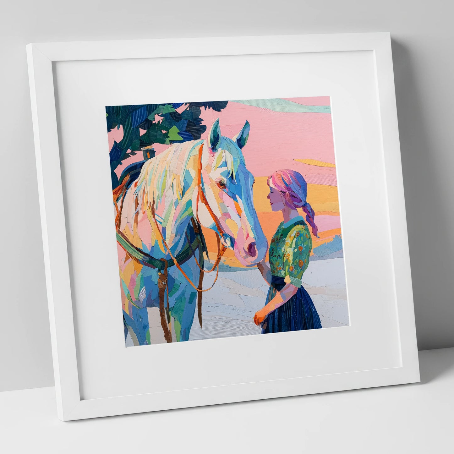 Vibrant Sunset Connection horse & rider art print in white frame