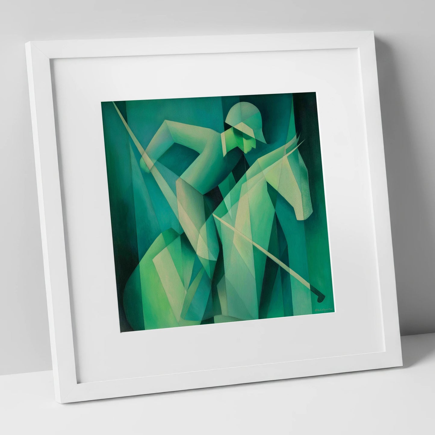 Emerald Polo Rhythm polo horse art print in white frame