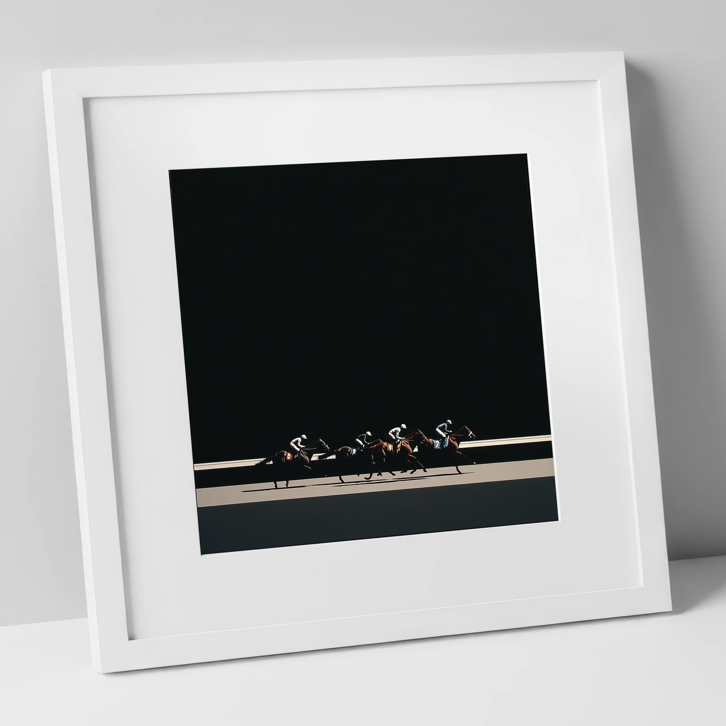 The Midnight Gallop racing horse art print in white frame