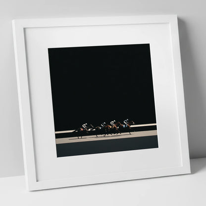 The Midnight Gallop racing horse art print in white frame
