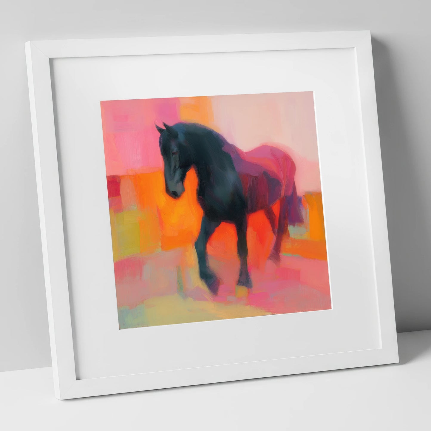 Charcoal and Coral Stride horse breed art print in white frame